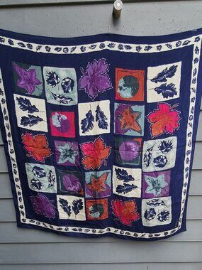 Vintage Echo Leaves Silk Scarf  Red Blue White